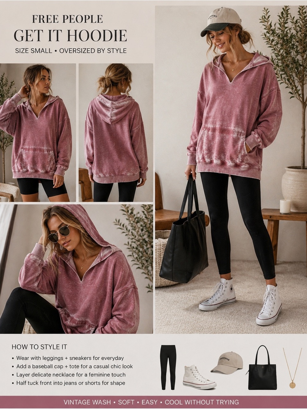 Free People Mauve Vintage-Wash Oversized Hoodie